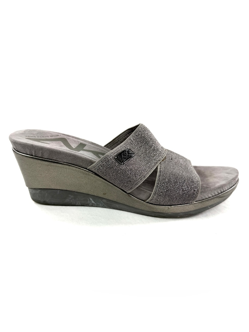 Anne Klein Sport Women Size 6.5 Silver Stretch Crisscross Wedge Slide Sandal
